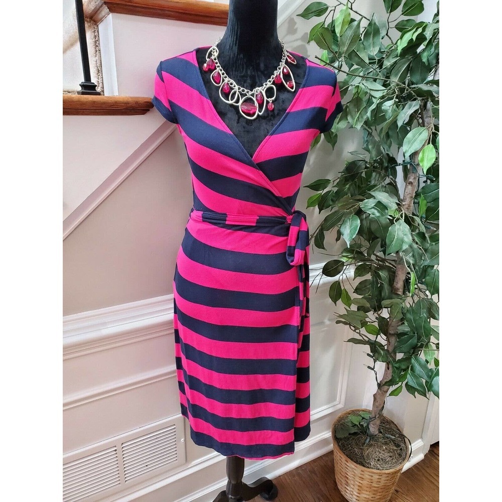 Ann Taylor Women Blue & Pink Rayon V-Neck Short Sleeve Knee Length Dress Size XS
